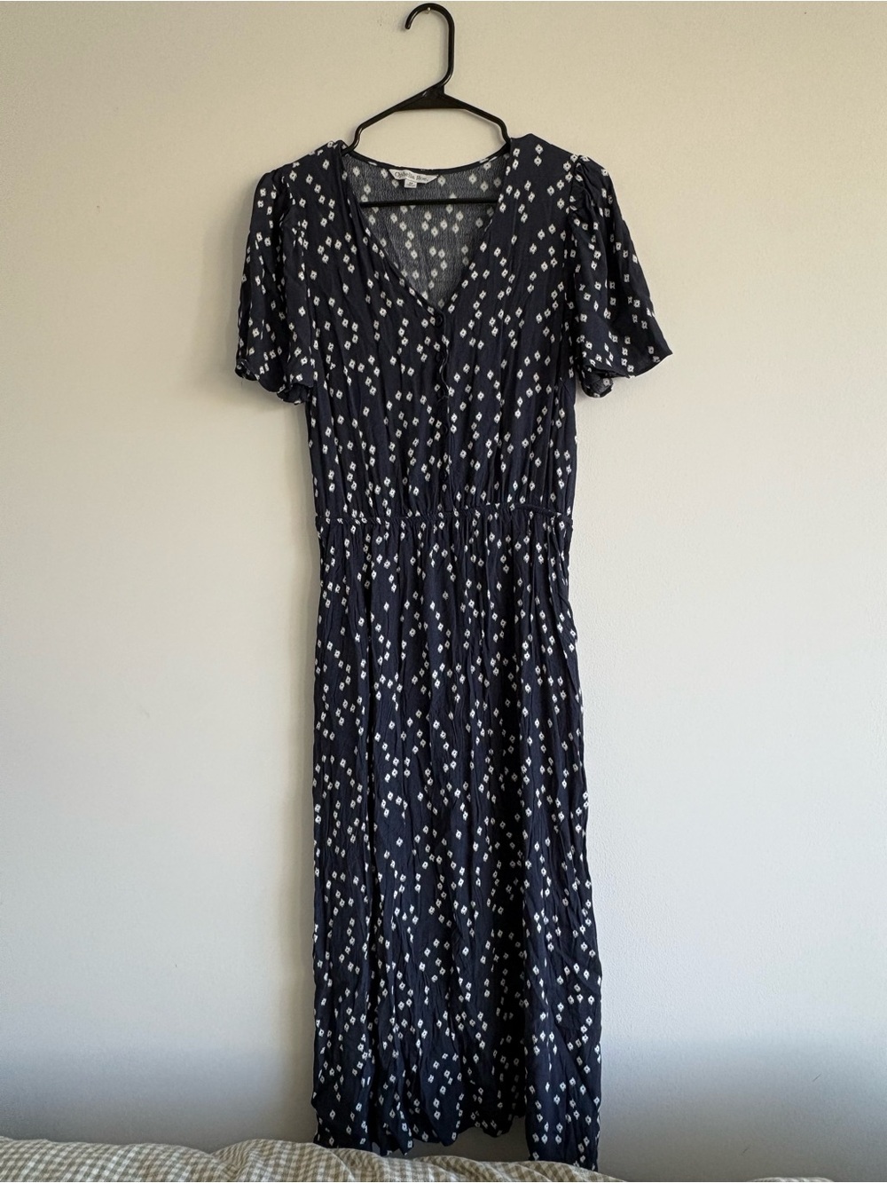 Navy Maxi Dress with White Dot Print - V-Neck, Elastic Waist